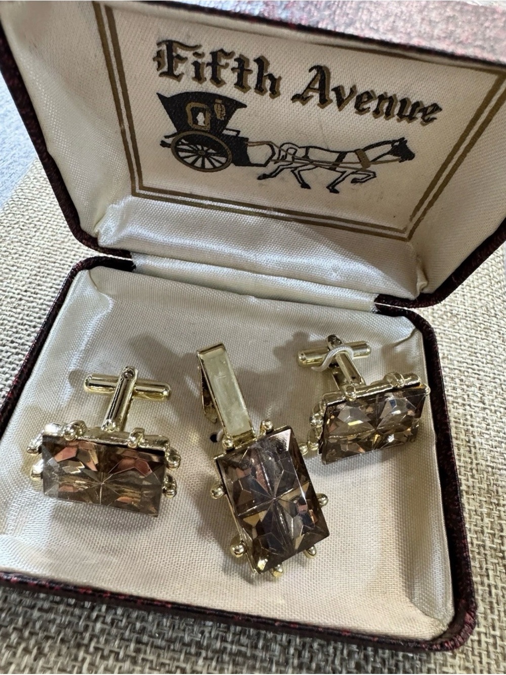 Fifth Avenue Gold-Tone Brown Smoky Crystal Cufflinks with Tie Clip